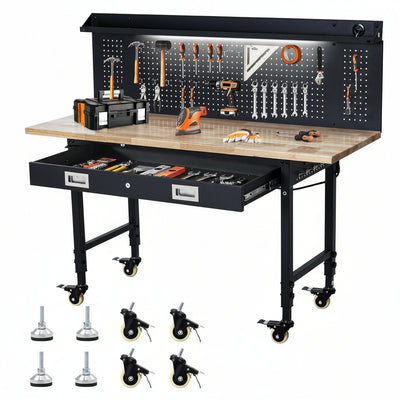 Work Bench 60" Adjustable Height, Heavy-Duty Portable Workbench with Power Outlets and Drawer for Garage & Workshop, 2000 LBS Load Capacity Large Pegboard, Work Table for Office, Home, Easy Assembly