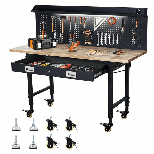 Work Bench 60" Adjustable Height, Heavy-Duty Portable Workbench with Power Outlets and Drawer for Garage & Workshop, 2000 LBS Load Capacity Large Pegboard, Work Table for Office, Home, Easy Assembly