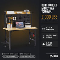 24 In. W Adjustable Workbench, Heavy Duty Wood Desktop Workbench with Wheels, Rolling Workbench with USB Outlet, Hooks — Results & Stats