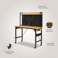 24 In. W Adjustable Workbench, Heavy Duty Wood Desktop Workbench with Wheels, Rolling Workbench with USB Outlet, Hooks — infographic