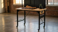 24 In. W Adjustable Workbench, Heavy Duty Wood Desktop Workbench with Wheels, Rolling Workbench with USB Outlet, Hooks — Lifestyle
