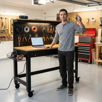 24 In. W Adjustable Workbench, Heavy Duty Wood Desktop Workbench with Wheels, Rolling Workbench with USB Outlet, Hooks — Lifestyle