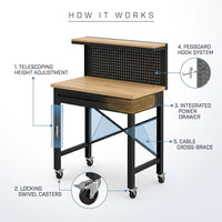 24 In. W Adjustable Workbench, Heavy Duty Wood Desktop Workbench with Wheels, Rolling Workbench with USB Outlet, Hooks — How It Works