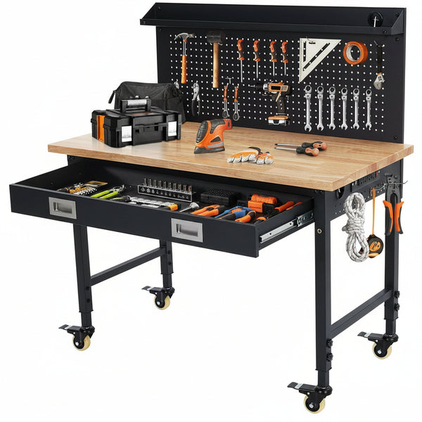 Work Bench 48" Adjustable Height, Heavy-Duty Portable Workbench with Power Outlets and Drawer for Garage & Workshop, 2000 LBS Load Capacity Large Pegboard, Work Table for Office, Home, Easy Assembly