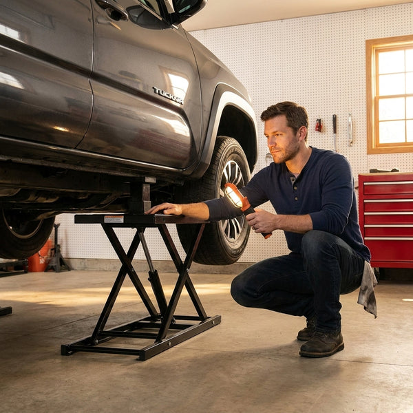 Portable Car Lift Designed for Heavy Duty Use, 7000 Lb Capacity, Carbon Steel Construction, 26.8 Inch Max Height