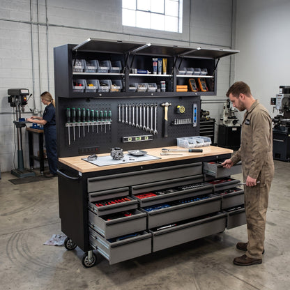 Overhead Pro 72" Rolling Tool Chest | 79" Tall | 24" Deep | 14 Drawers | Overheads | Pegboard & Power Strip