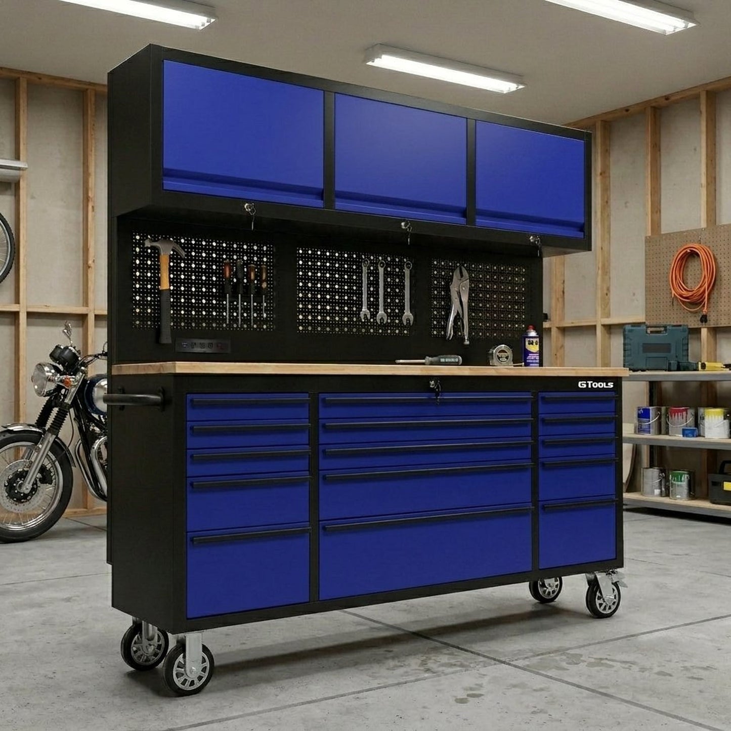 72 inch Rolling Tool Chest with Light & Power Strips, Workbench, Upper Cabinets & Pegboard