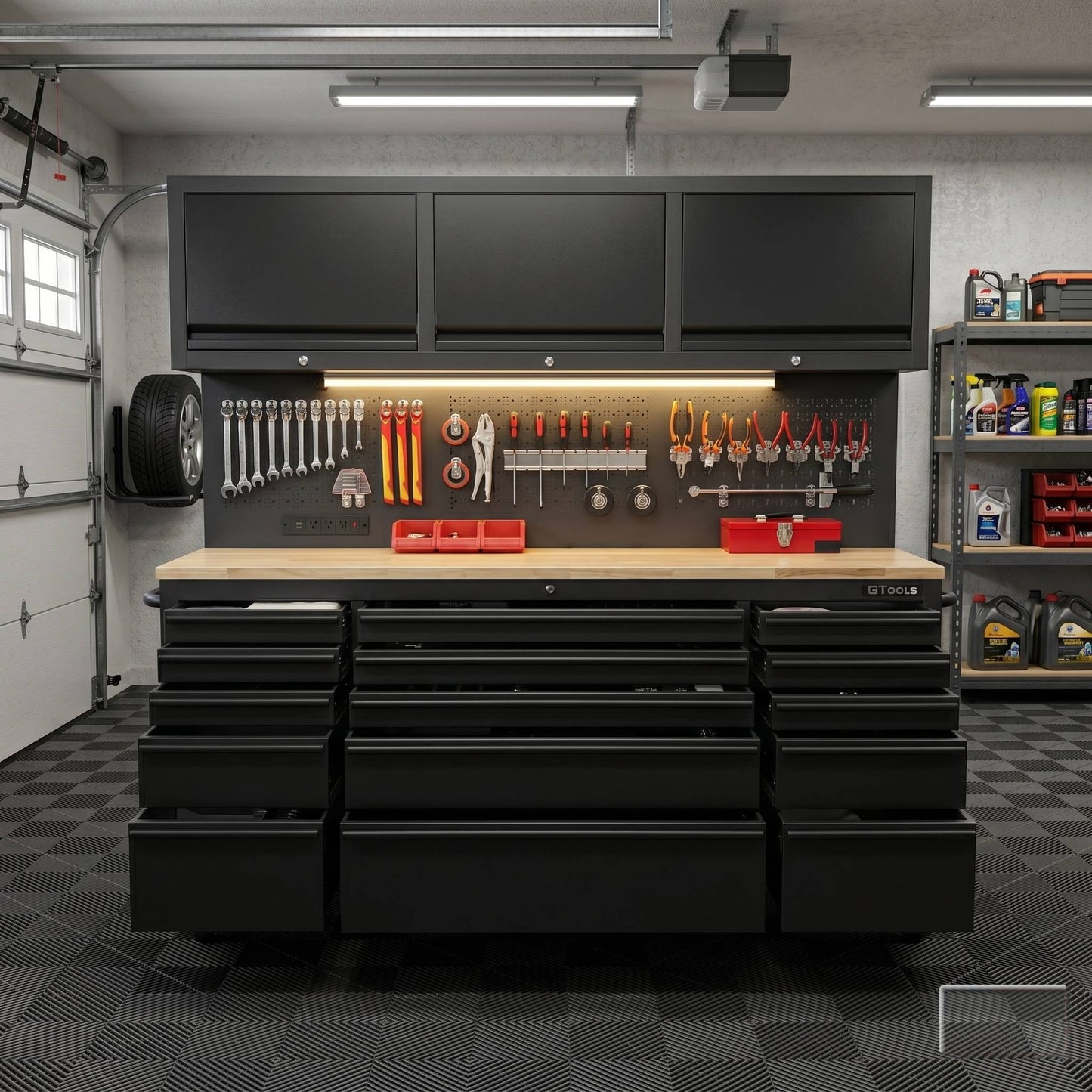 72 inch Rolling Tool Chest with Light & Power Strips, Workbench, Upper Cabinets & Pegboard