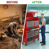 Tool Chest 18-Drawer | 66'' Large Rolling Tool Chest with Wheels | Detachable Top Metal Tool Box with Gas Struts | Lockable Rolling Tool Cabinet with Liners,Power Strip | Garage, Repair Shop, Workshop — Before & After