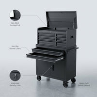 Tool Chest 18-Drawer | 66'' Large Rolling Tool Chest with Wheels | Detachable Top Metal Tool Box with Gas Struts | Lockable Rolling Tool Cabinet with Liners,Power Strip | Garage, Repair Shop, Workshop — infographic