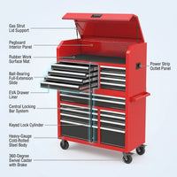 Tool Chest 18-Drawer | 66'' Large Rolling Tool Chest with Wheels | Detachable Top Metal Tool Box with Gas Struts | Lockable Rolling Tool Cabinet with Liners,Power Strip | Garage, Repair Shop, Workshop — How It Works