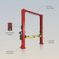 Two Post Car Lift Built for Professional Service, 12000 lb Capacity, 167 Inch Height, Dual Hydraulic System — infographic