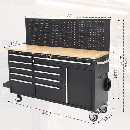 Tool Chest Workbench, 61-Inch Rolling Tool Chest with Wheels, 10 Drawers, Multifunctional Tool Cart Mechanic Tool Storage Cabinet for Garage, Assembled Large Tool Box Storage Cabinet, Black
